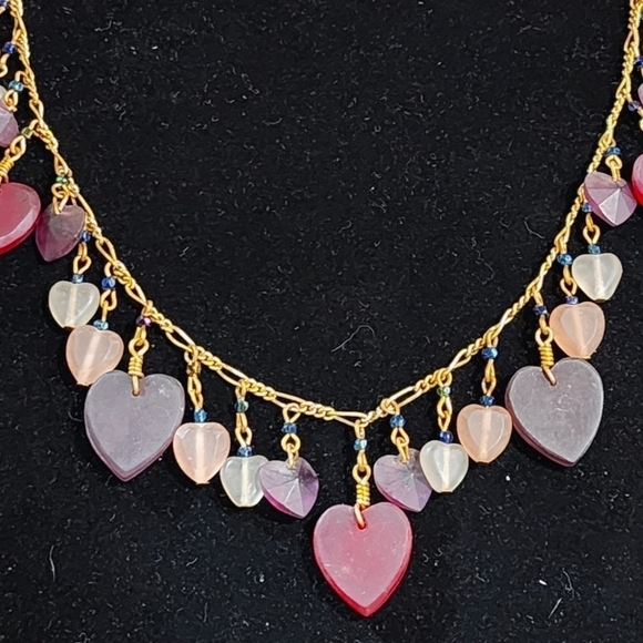 Vintage Pididdly Links Goldtone Czech frosted glass heart charm necklace 24" - Picture 3 of 11